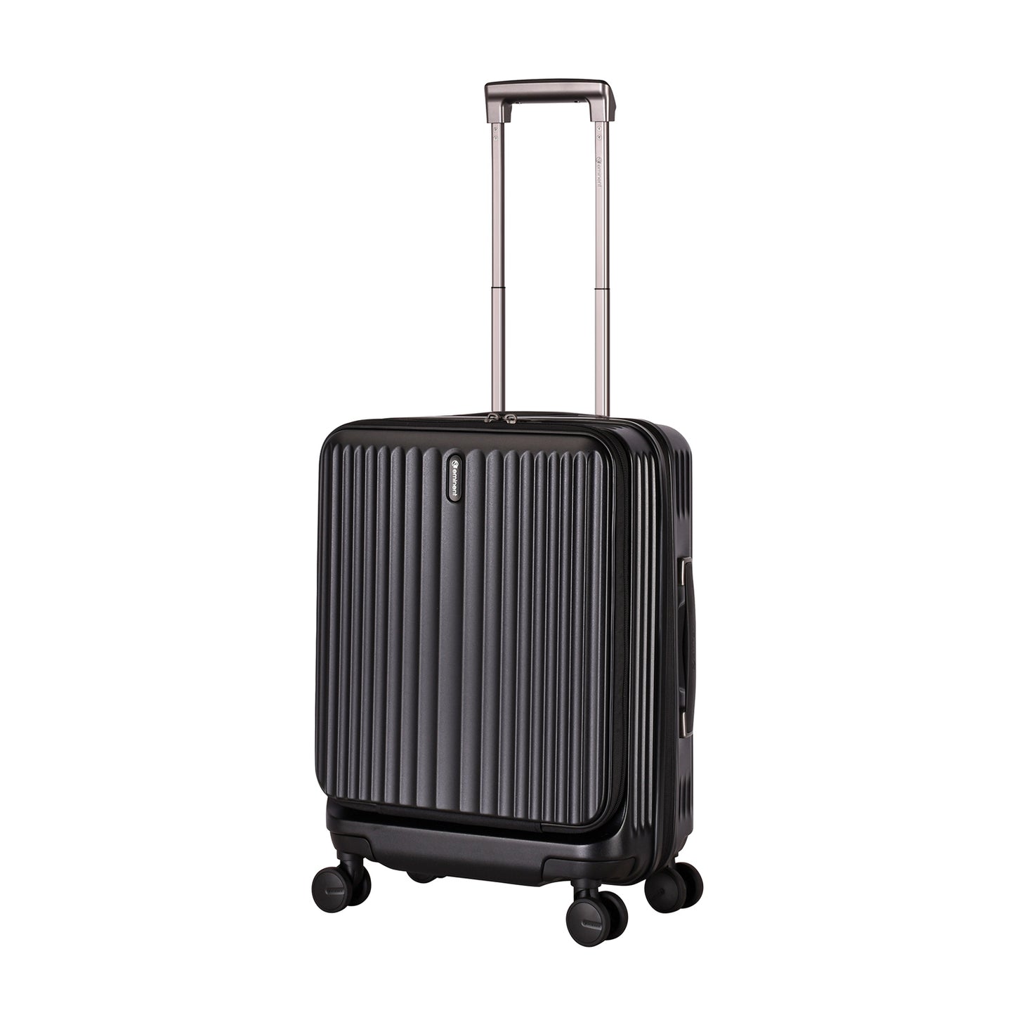 A black Eminent KK70 Alfred suitcase with a front-opening design, expansion system, and double spinner wheels.