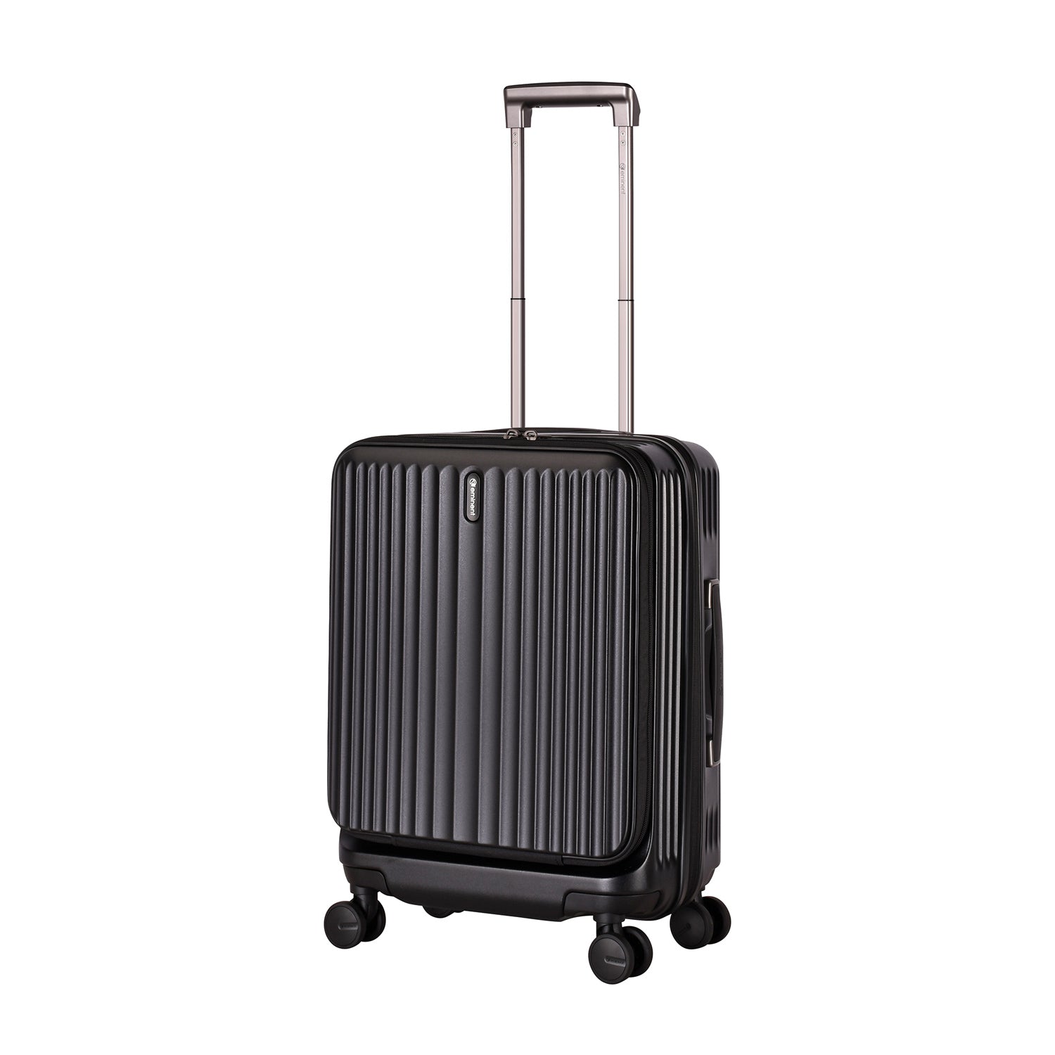 A black Eminent KK70 Alfred suitcase with a front-opening design, expansion system, and double spinner wheels.