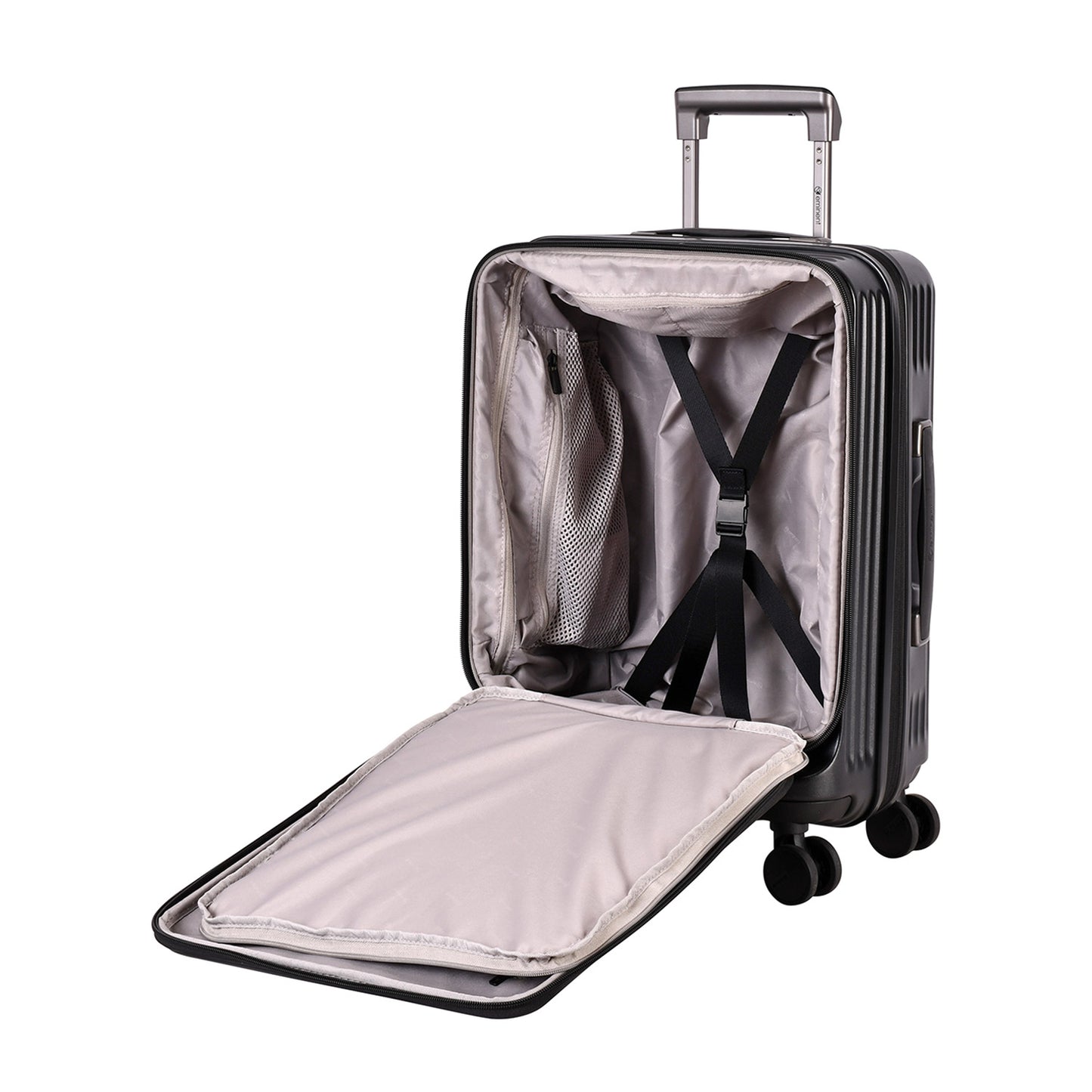 A black Eminent KK70 Alfred suitcase with a front-opening design, expansion system, and double spinner wheels.