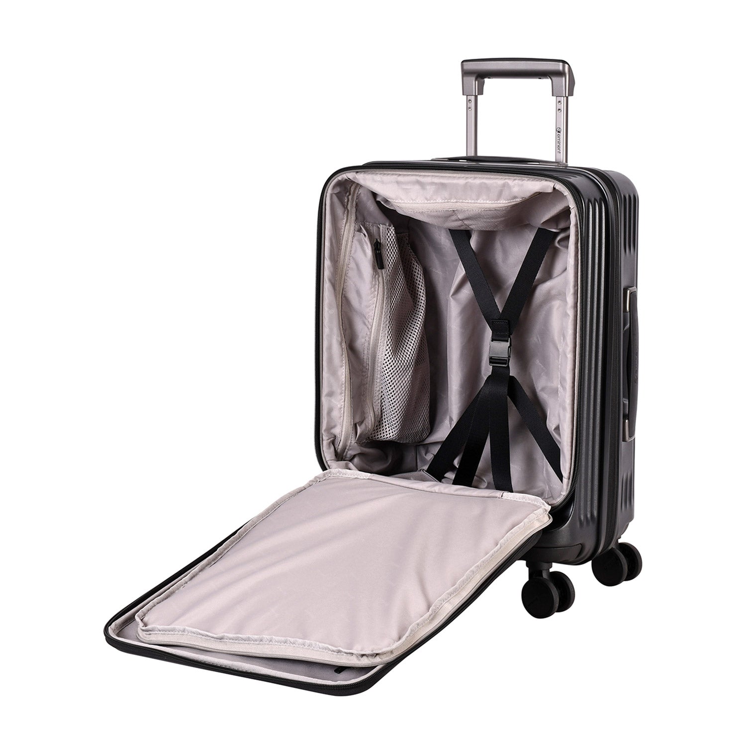 A black Eminent KK70 Alfred suitcase with a front-opening design, expansion system, and double spinner wheels.