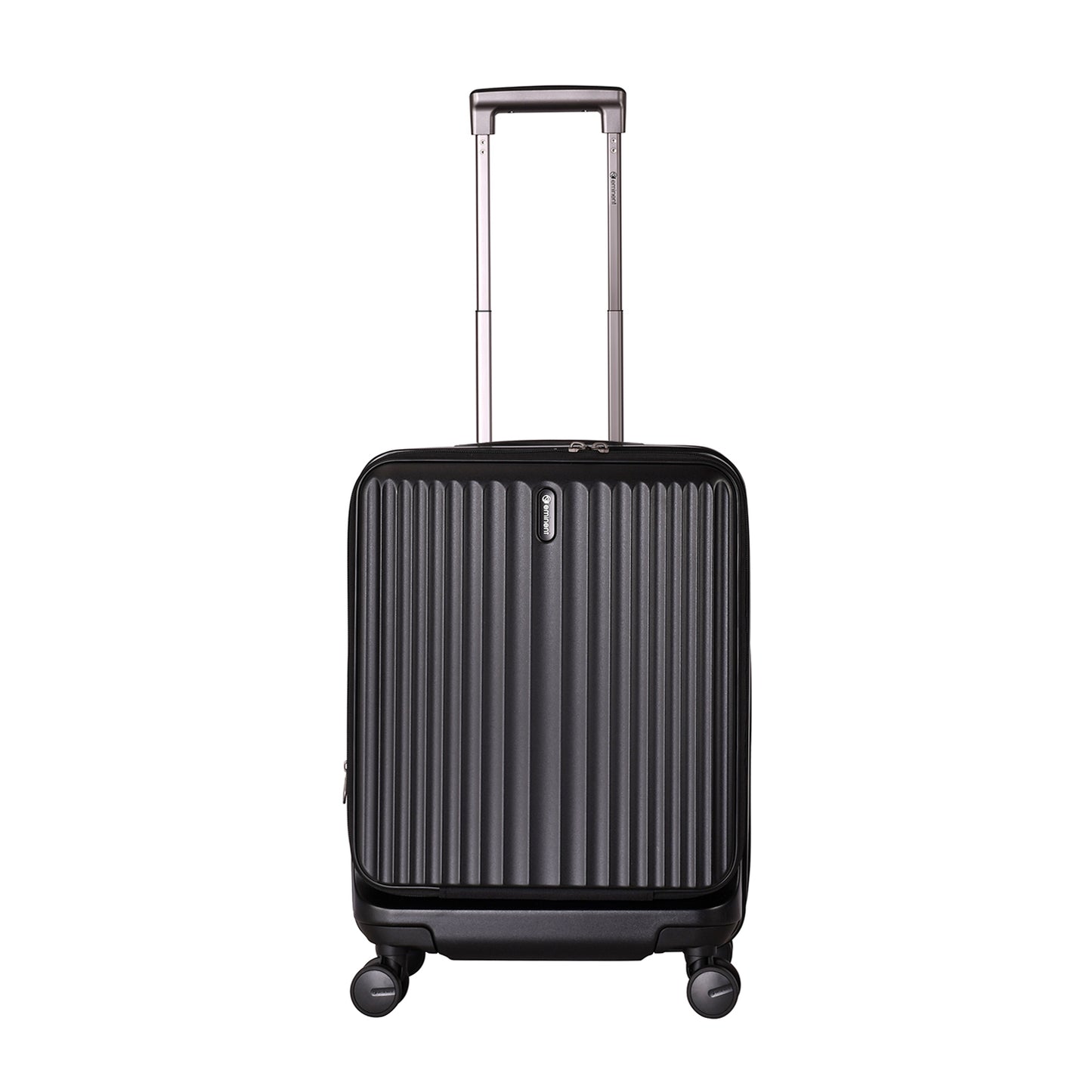 A black Eminent KK70 Alfred suitcase with a front-opening design, expansion system, and double spinner wheels.