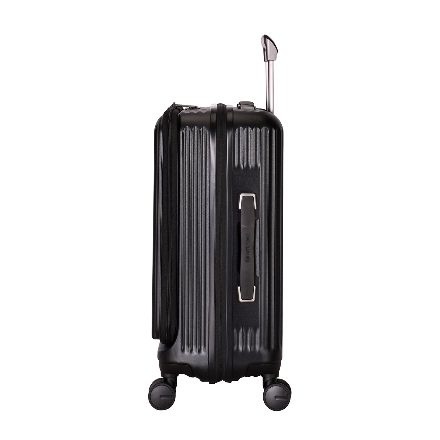 A black Eminent KK70 Alfred suitcase with a front-opening design, expansion system, and double spinner wheels.