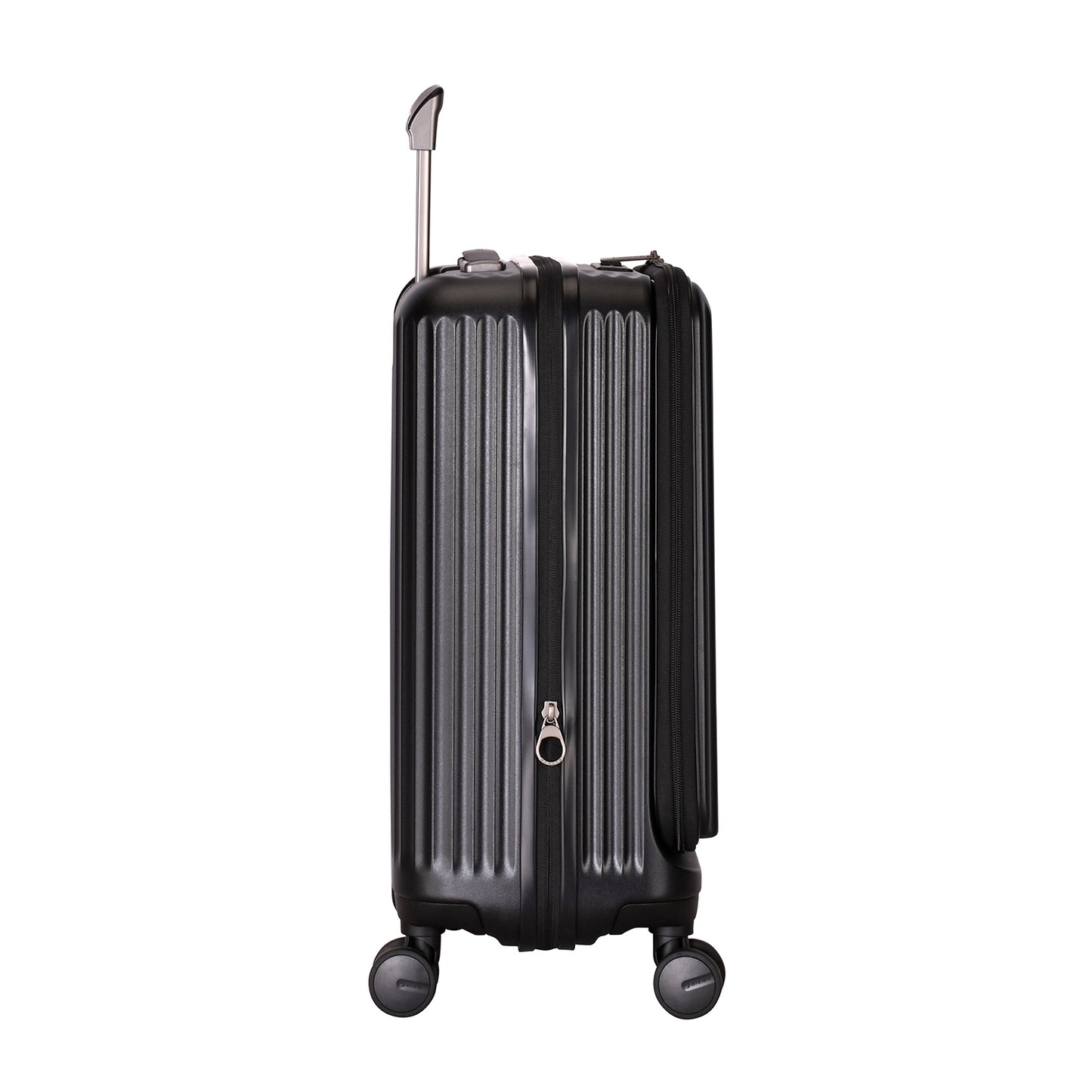 A black Eminent KK70 Alfred suitcase with a front-opening design, expansion system, and double spinner wheels.