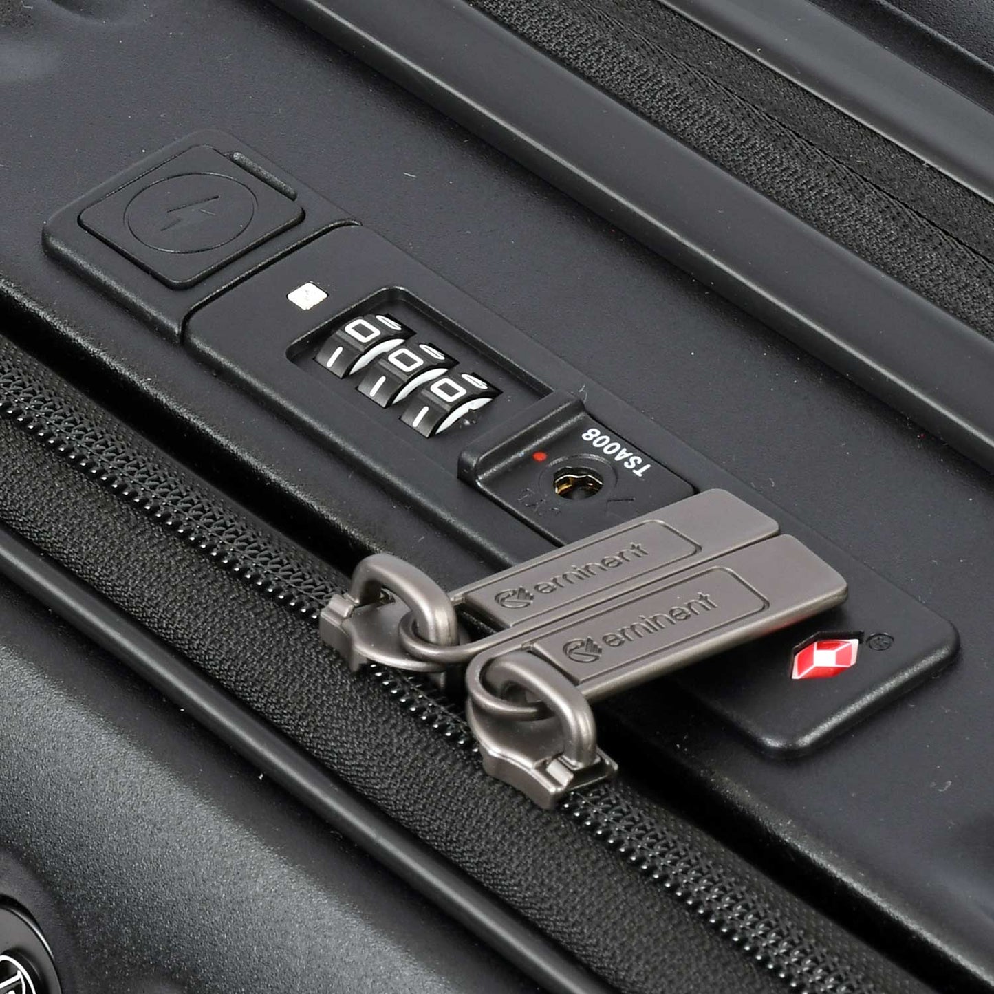 A black Eminent KK70 Alfred suitcase with a front-opening design, expansion system, and double spinner wheels.