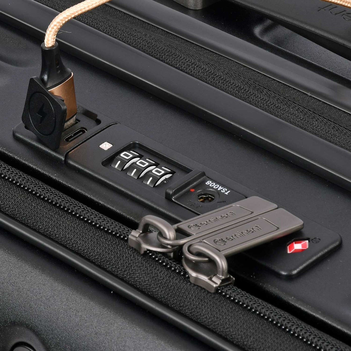 A black Eminent KK70 Alfred suitcase with a front-opening design, expansion system, and double spinner wheels.