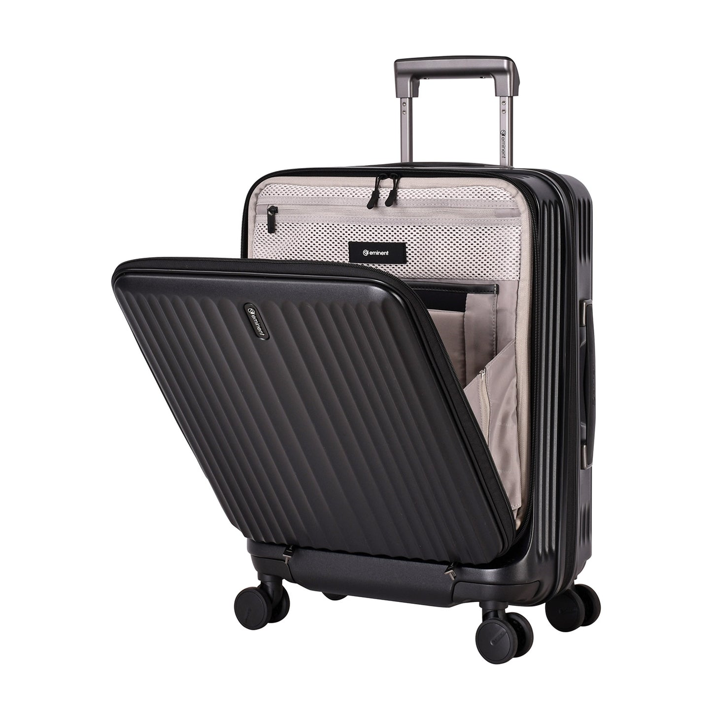A black Eminent KK70 Alfred suitcase with a front-opening design, expansion system, and double spinner wheels.