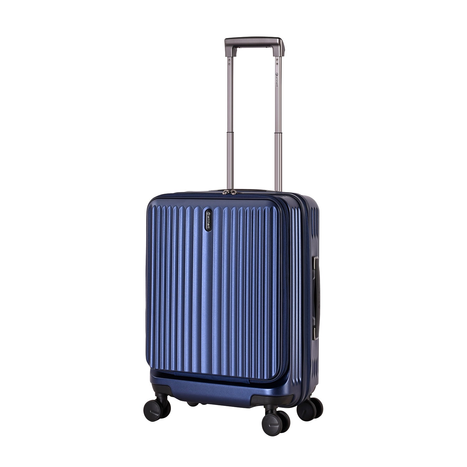 A dark blue, ribbed, hard-shell Eminent Alfred KK70 suitcase with a telescopic handle, spinner wheels, and a top carrying handle.