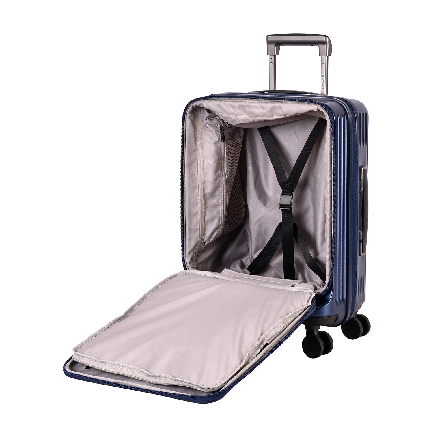 A dark blue, ribbed, hard-shell Eminent Alfred KK70 suitcase with a telescopic handle, spinner wheels, and a top carrying handle.