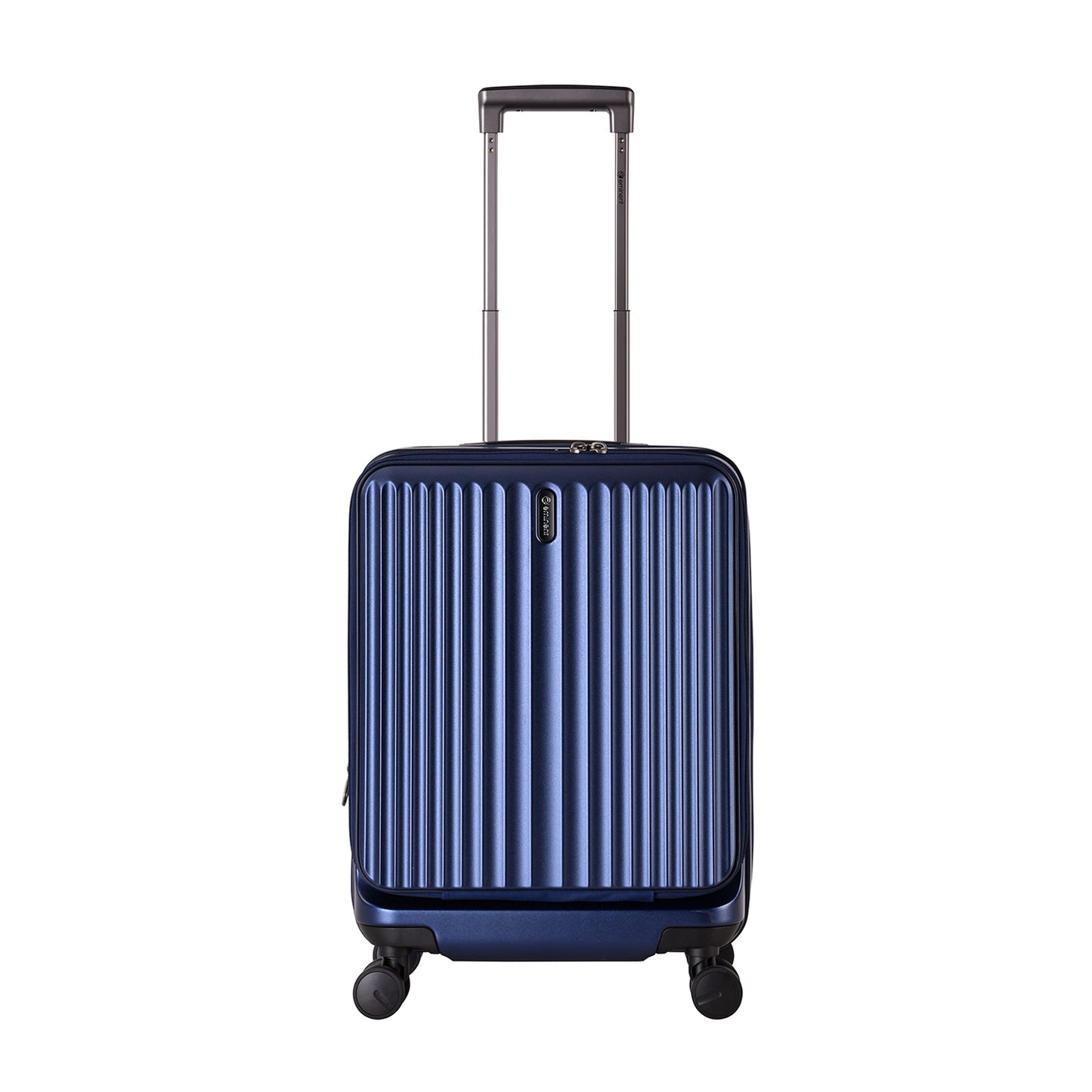 A dark blue, ribbed, hard-shell Eminent Alfred KK70 suitcase with a telescopic handle, spinner wheels, and a top carrying handle.
