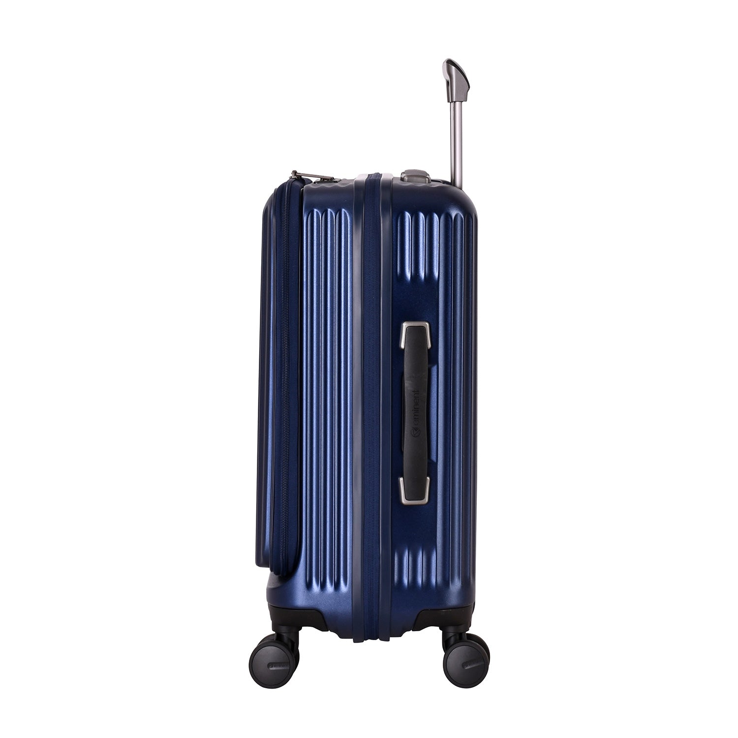 A dark blue, ribbed, hard-shell Eminent Alfred KK70 suitcase with a telescopic handle, spinner wheels, and a top carrying handle.