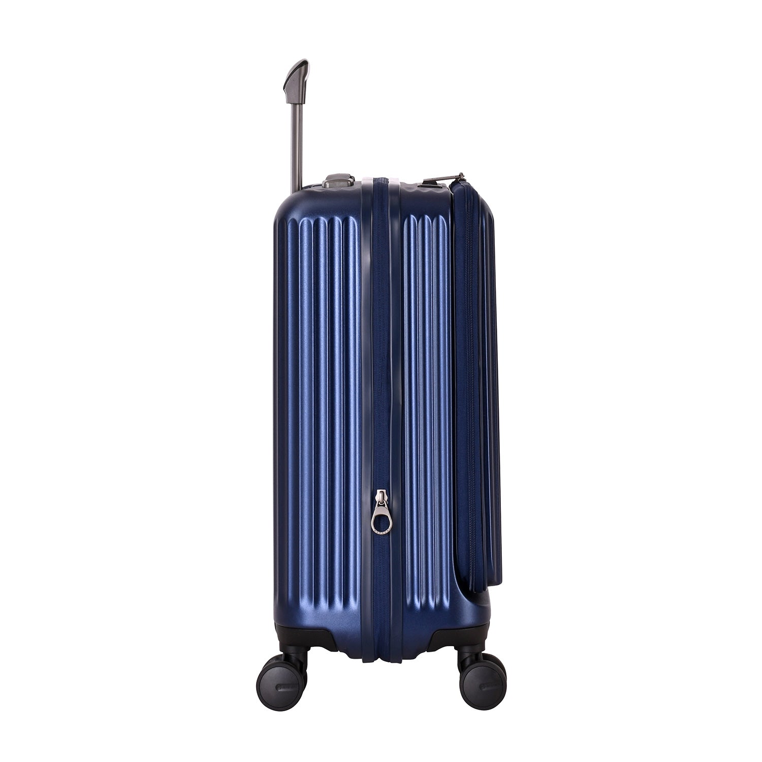A dark blue, ribbed, hard-shell Eminent Alfred KK70 suitcase with a telescopic handle, spinner wheels, and a top carrying handle.
