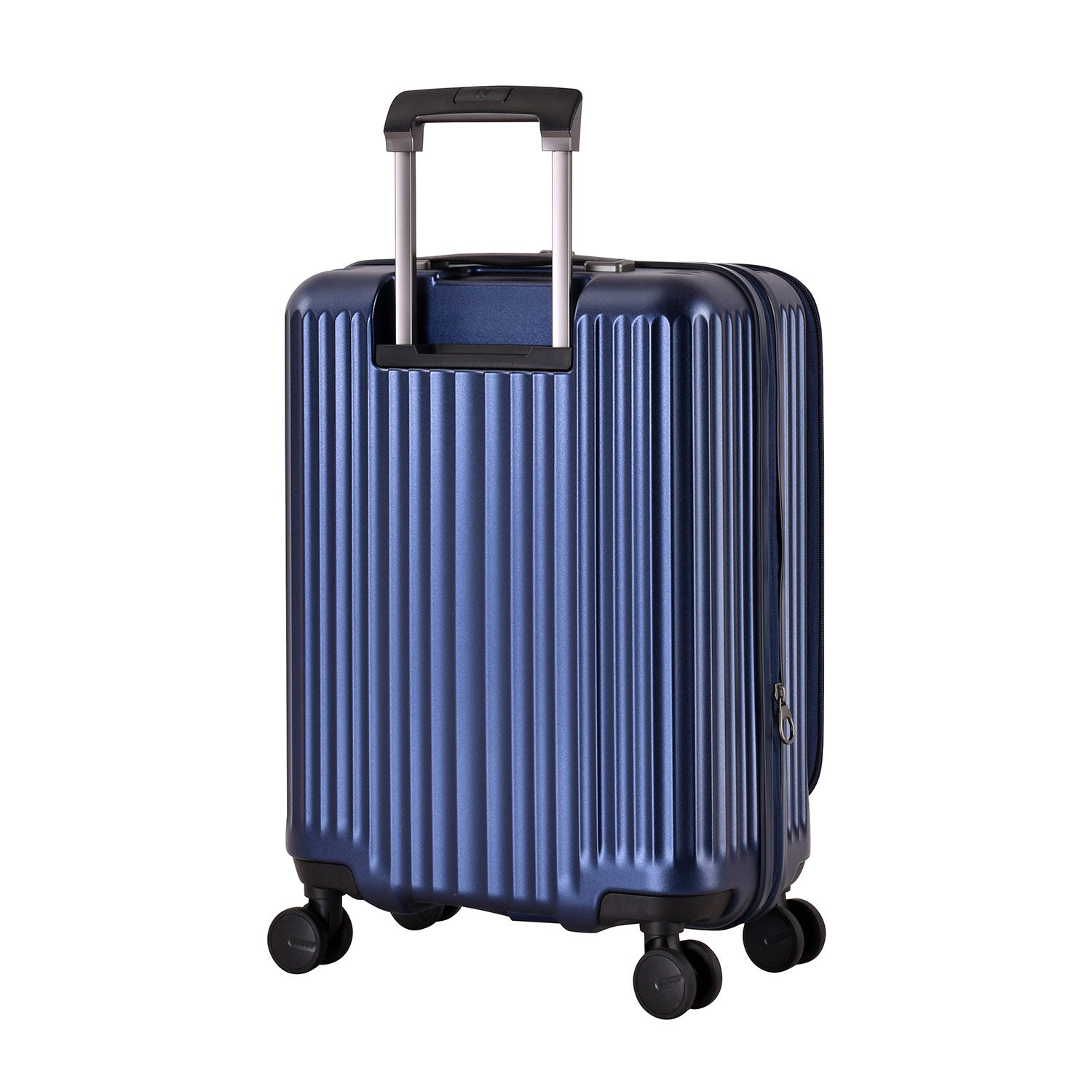 A dark blue, ribbed, hard-shell Eminent Alfred KK70 suitcase with a telescopic handle, spinner wheels, and a top carrying handle.