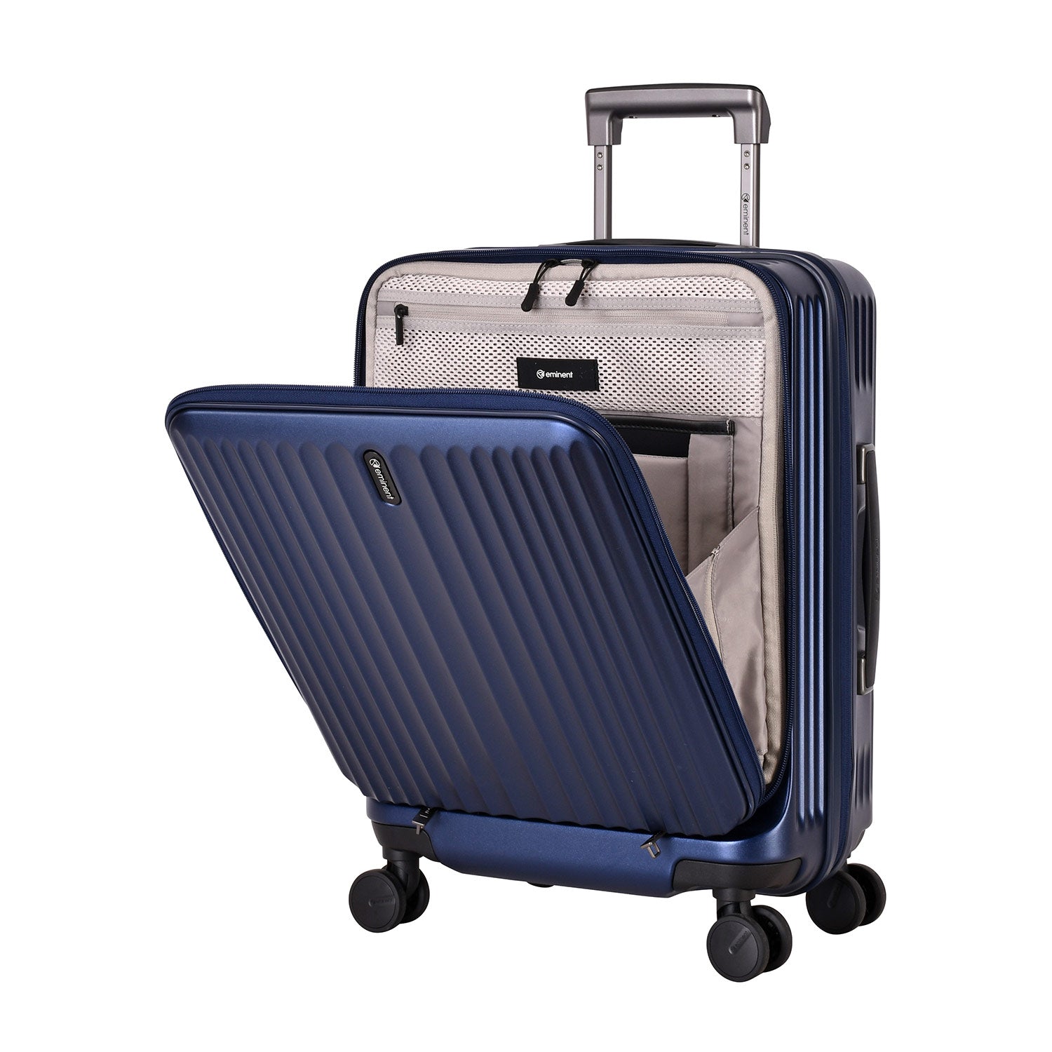 A dark blue, ribbed, hard-shell Eminent Alfred KK70 suitcase with a telescopic handle, spinner wheels, and a top carrying handle.