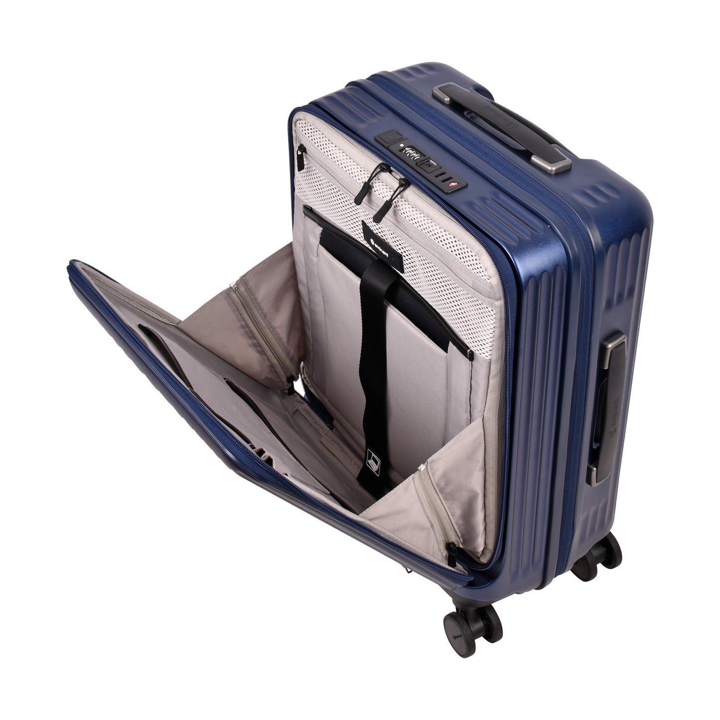 A dark blue, ribbed, hard-shell Eminent Alfred KK70 suitcase with a telescopic handle, spinner wheels, and a top carrying handle.