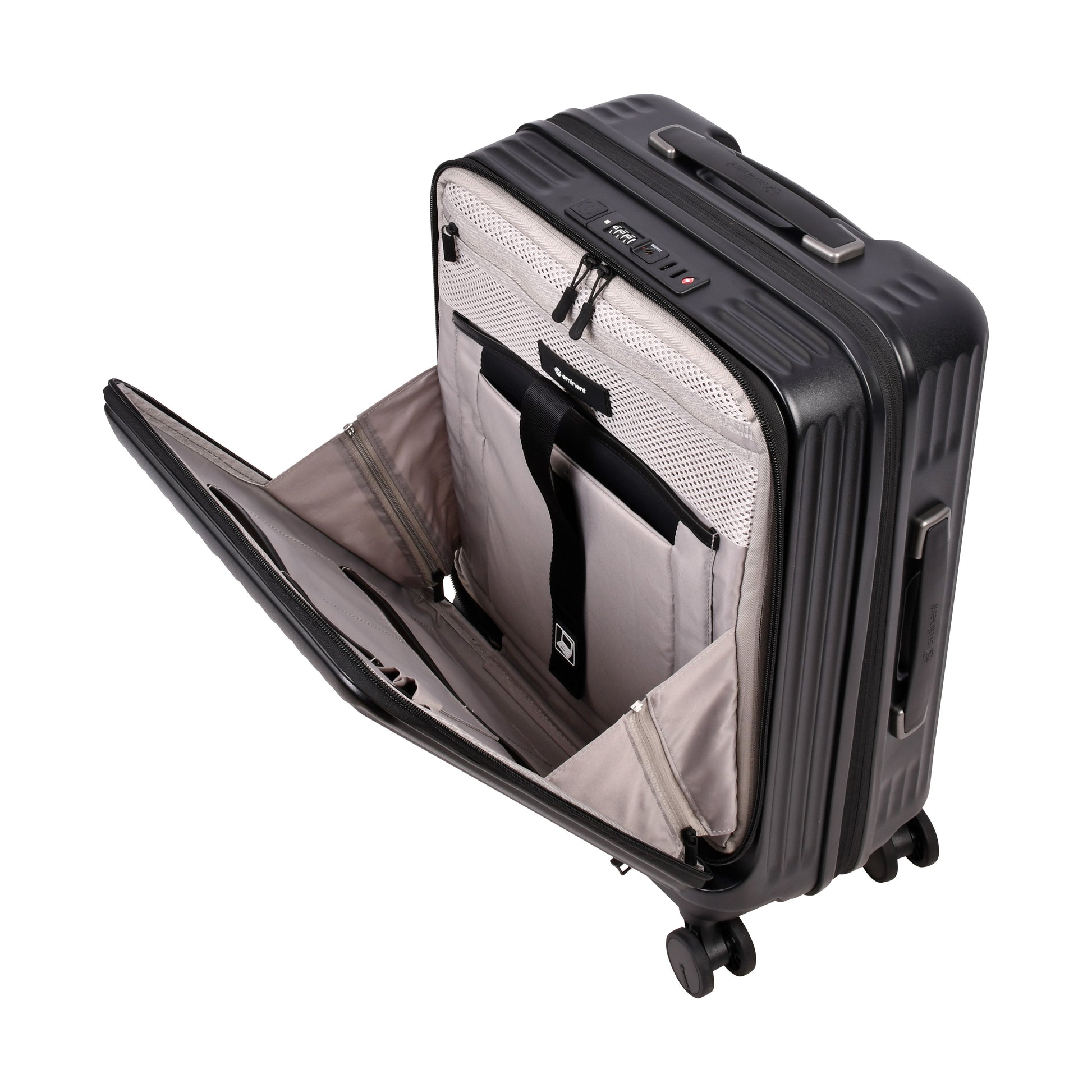 A black Eminent KK70 Alfred suitcase with a front-opening design, expansion system, and double spinner wheels.